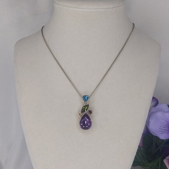AVON Necklace Purple Pendant Gold Tone Rhinestones Colorful 18'' Vintage - Picture 3 of 10